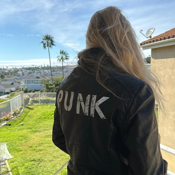 Custom upcycled Vintage black genuine leather motorcycle jacket w/ PUNK on back - Picture 9 of 10